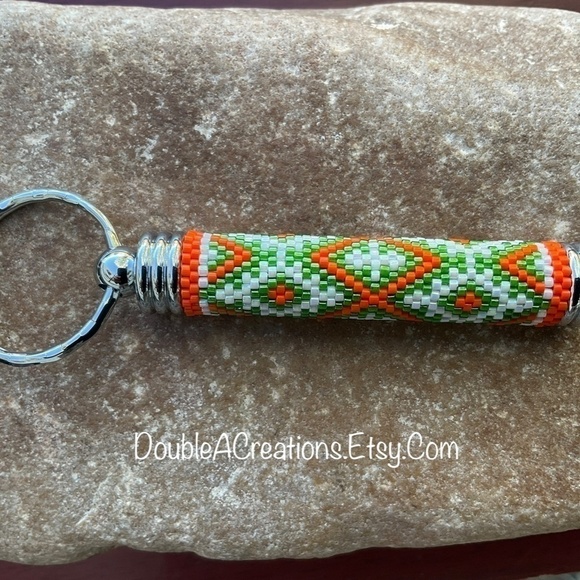 ORANGE Green and White Hidden Compartment Beaded Keychain, New, Handmade by Me - Picture 7 of 7